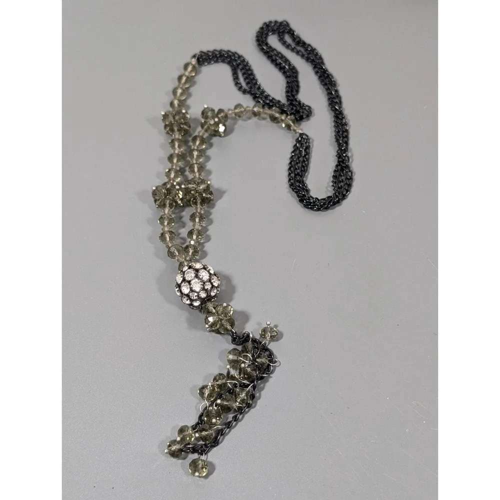 Smokey Gray Bead Crystal Ball Black‎ Multi Chain Tassel Necklace 28